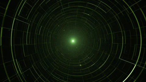 3D-rendered tunnel with intricate geometric patterns and a glowing green light Stockbeeldmateriaal 282907770