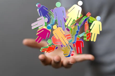3D rendered users connected to each other held in a person's hand Stock Photos