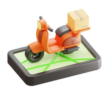 3D rendered view of a motorcycle carrying a box over the smartphone - online ord Stock Illustration