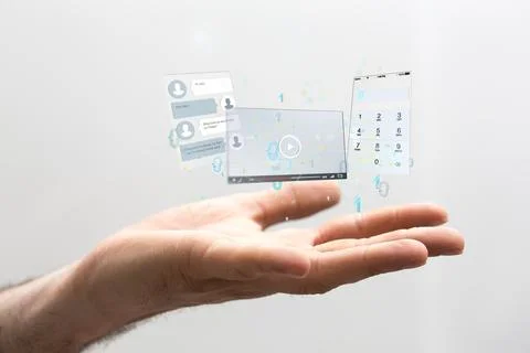 3d rendered virtual interface of chat and call web applications on hand 스톡 사진