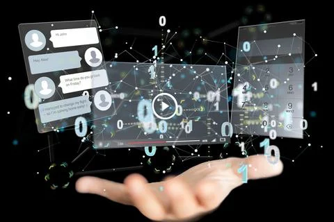 3d rendered virtual interface of web application in hand 스톡 사진