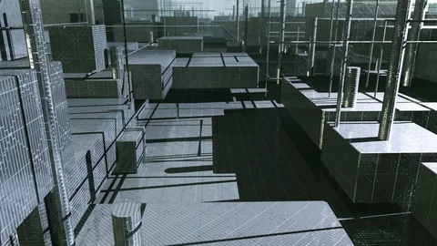 3D Rendered Virtual Reflective Geometric City Fly Through Stock Footage 104259402