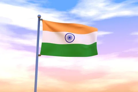 3D rendered waving flag of India with chrome flagpole in the colorful sky Illustrazione stock