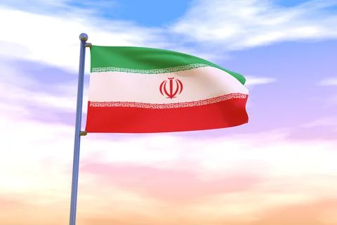 3D rendered waving flag of Iran with chrome flagpole in the colorful sky 스톡 일러스트