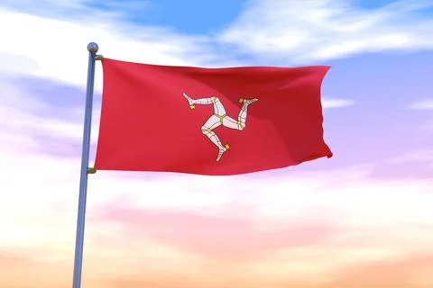 3D rendered waving flag of Isle of Man with chrome flagpole in the colorful sky Stock Illustration