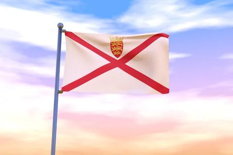 3D rendered waving flag of Jersey with chrome flagpole in the colorful sky 스톡 일러스트