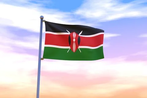 3D rendered waving flag of Kenya with chrome flagpole in the colorful sky Illustrazione stock