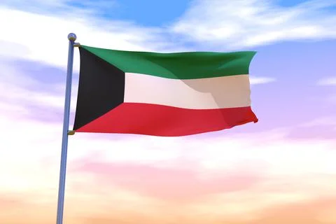 3D rendered waving flag of Kuwait with chrome flagpole in the colorful sky 스톡 일러스트