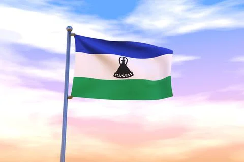 3D rendered waving flag of Lesotho with chrome flagpole in the colorful sky Illustrazione stock