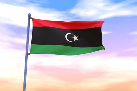 3D rendered waving flag of Libya with chrome flagpole in the colorful sky Illustrazione stock