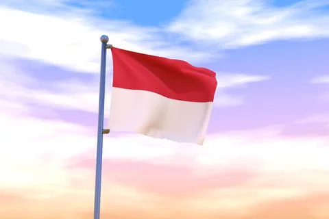 3D rendered waving flag of Monaco with chrome flagpole in the colorful sky Illustrazione stock