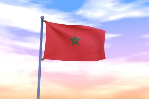3D rendered waving flag of Morocco with chrome flagpole in the colorful sky Illustrazione stock