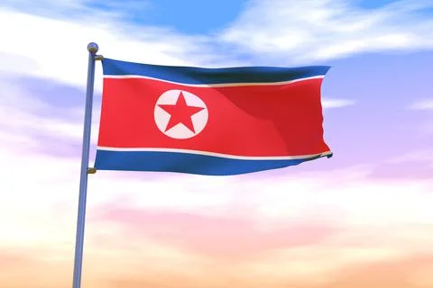 3D rendered waving flag of North Korea with chrome flagpole in the colorful sky Stock Illustration