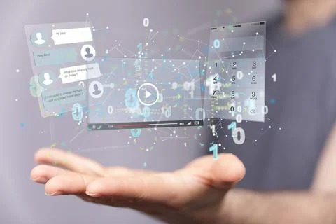 3D rendered web application interface held in a person's hand Foto stock