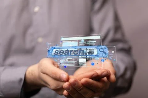 3D rendered web application interface held in a person's hand Foto stock