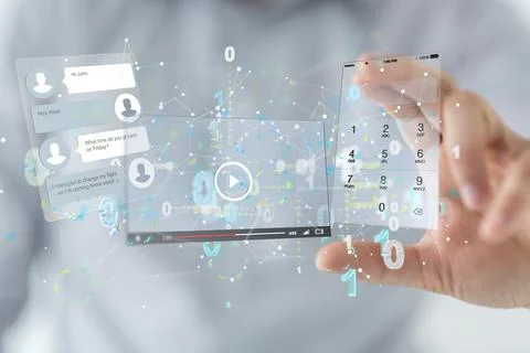 3D rendered web application interface held in a person's hand Foto stock