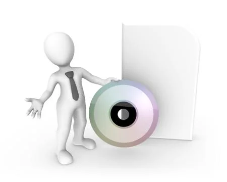 3d rendered white human with a big cd isolated on white background Stock Illustration