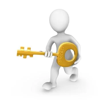 3d rendered white human with a gold key. Stock Illustration