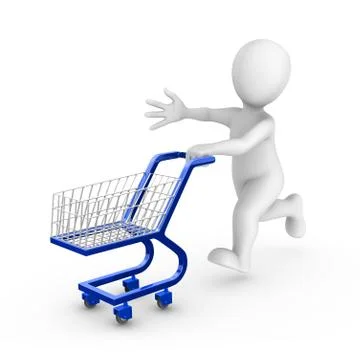 3d rendered white man with a blue shopping cart Stock Illustration