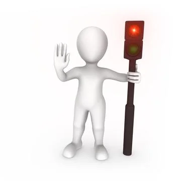 3d rendered white man with the red traffic light Stock Illustration