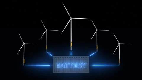 3D Rendered Wind Turbines Spinning Sending Energy to BESS Battery Storage. Stock Footage 332751947