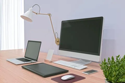 3D-rendered working desk with a laptop and computer screen over the pink table Illustrazione stock
