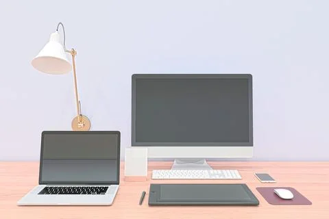 3D-rendered working desk with a laptop and computer screen over the pink table Stock Illustration