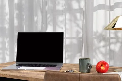 3d rendered working desk with modern computer notebook mockup. Stock Illustration