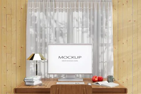 3d rendered working desk with modern computer monitor mock up. Illustrazione stock