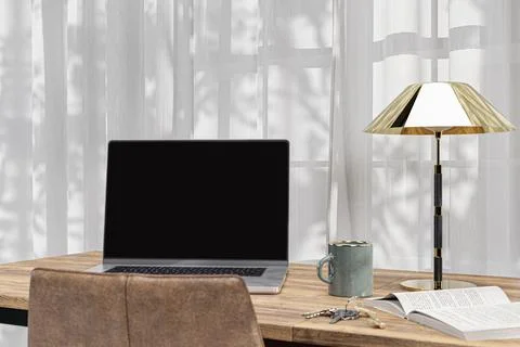 3d rendered working desk with a notebook computer. 스톡 일러스트