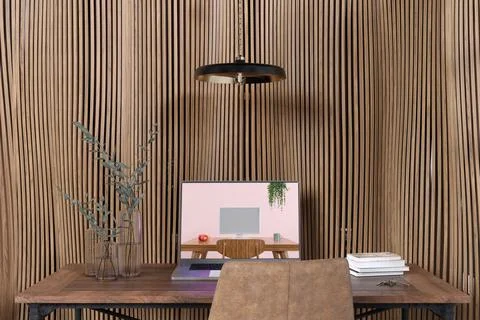 3d rendered working desk with a notebook computer. Stock Illustration