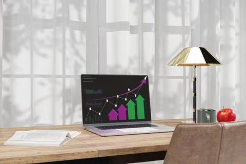 3d rendered working desk with a notebook computer. Stock Illustration