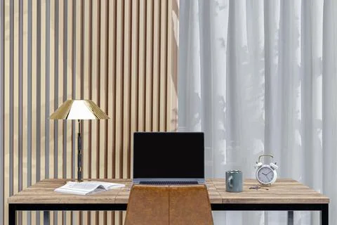 3d rendered working desk with a notebook computer. Stock Illustration