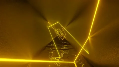 3d rendered Yellow and Orange neon lights inside metal tunnel Stock Footage 155959147
