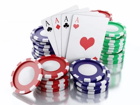 3d renderer image. Casino tokens and Playing Cards. Casino concept, Isolate.. Stock Illustration