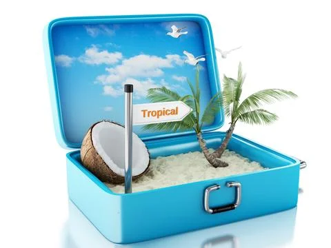 3d renderer image. Paradise beach in travel suitcase. Summer Vacation Conce.. Stock Illustration