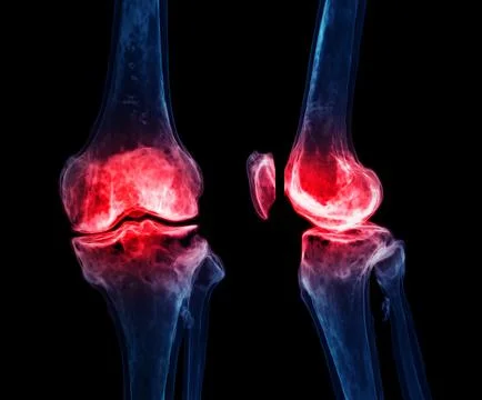 3d renderering of the knee joint  isolated on black background Showing pain a Stock Illustration
