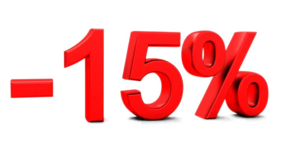 3D rendering of a 15 per cent in red letters on a white Stock Photos