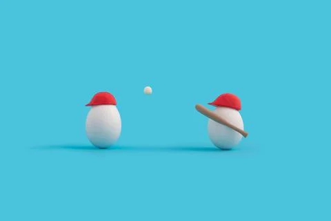 3d rendering of 2 eggs with baseball hat and bat on the blue background as a fun Stock Illustration