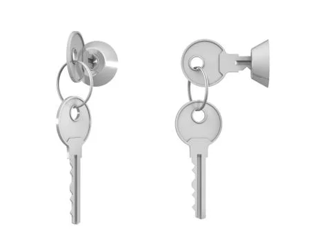 3d rendering of 2 keylocks with keys in side view and 45 degrees view with one Stock Illustration
