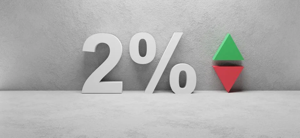 3D rendering of a 2 percent icon with green and red vertical arrows next to i Stock Illustration