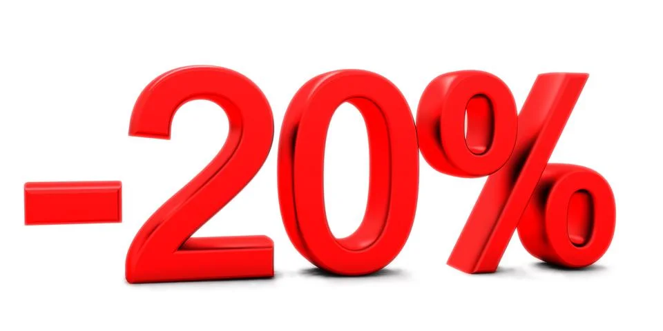 3D rendering of a 20 per cent in red letters on a white Stock Photos