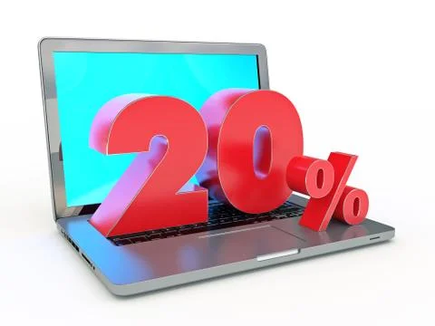 3D rendering of a 20 percent discount - Laptop and discounts in Internet Stock Illustration