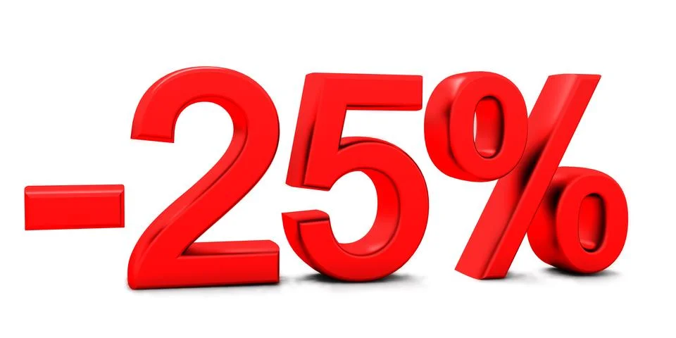 3D rendering of a 25 per cent in red letters on a white 库存照片