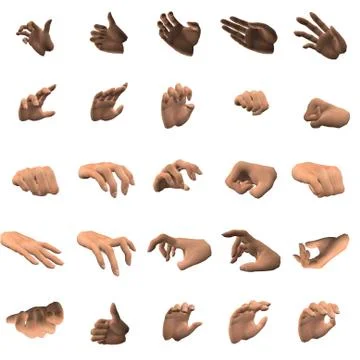 3d rendering of 25 hand poses Stock Illustration