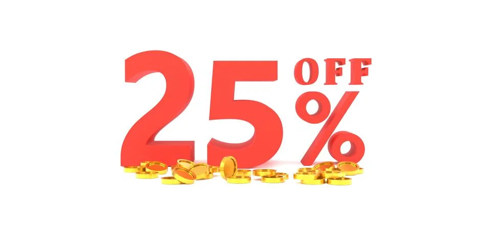 3D Rendering. 25 percent off with gold coin and white background. Special O.. Stock Illustration