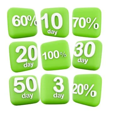 3d rendering 3, 10, 20, 30, 50 day to go, 20, 60, 70, 100 percent icon set. 3d Stock-Illustration