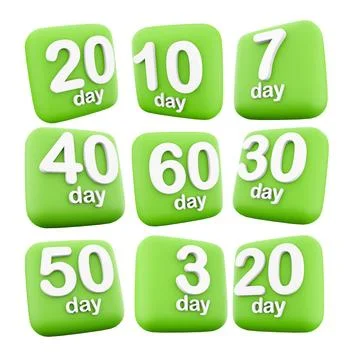 3d rendering 3, 7, 10, 20, 30 , 40, 50, 60 day to go, left icon set. 3d render Stock Illustration
