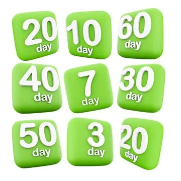3d rendering 3, 7, 10, 20, 30 , 40, 50, 60 day to go, left icon set. 3d render Stock Illustration