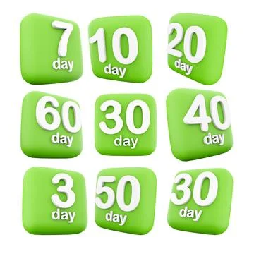 3d rendering 3, 7, 10, 20, 30 , 40, 50, 60 day to go, left icon set. 3d render Illustrazione stock
